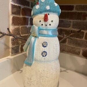 Festive Snowman Holiday Decoration with Blue Hat and Scarf